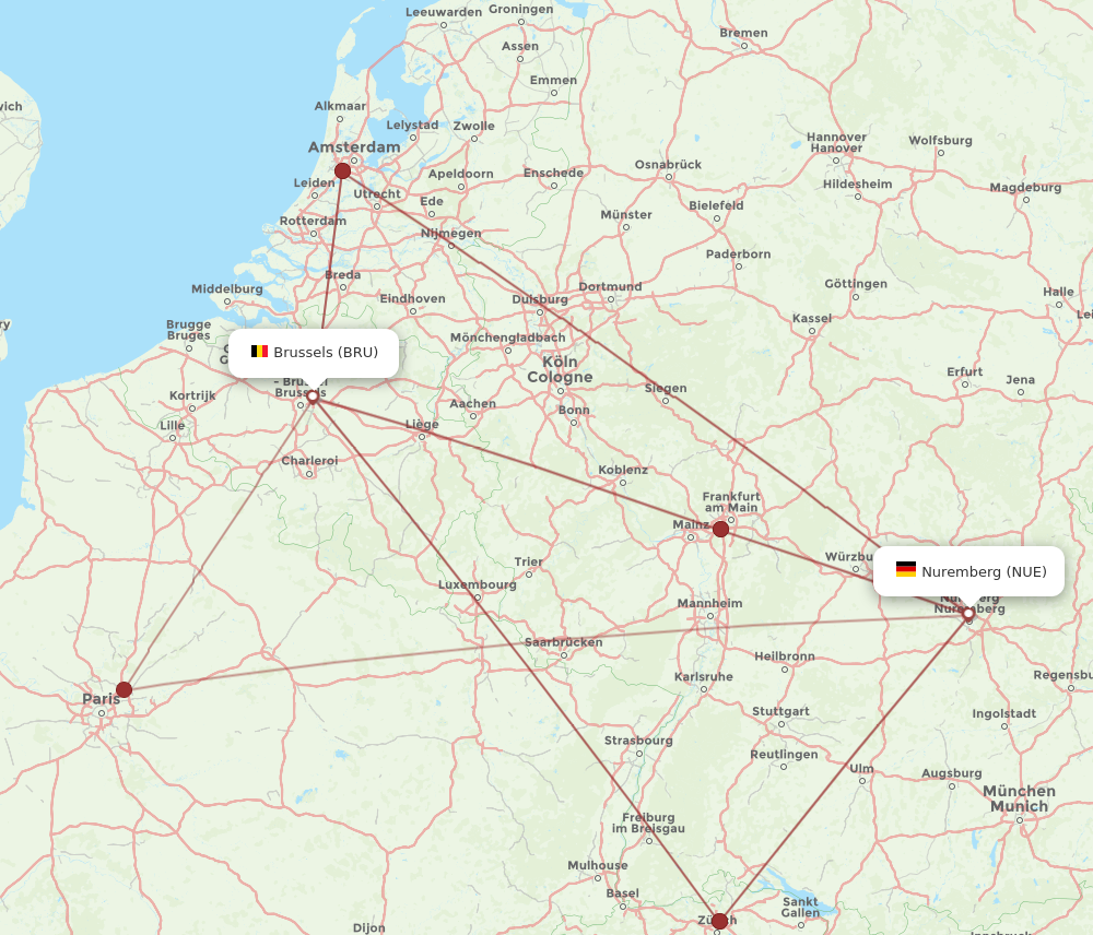 NUE to BRU flights and routes map