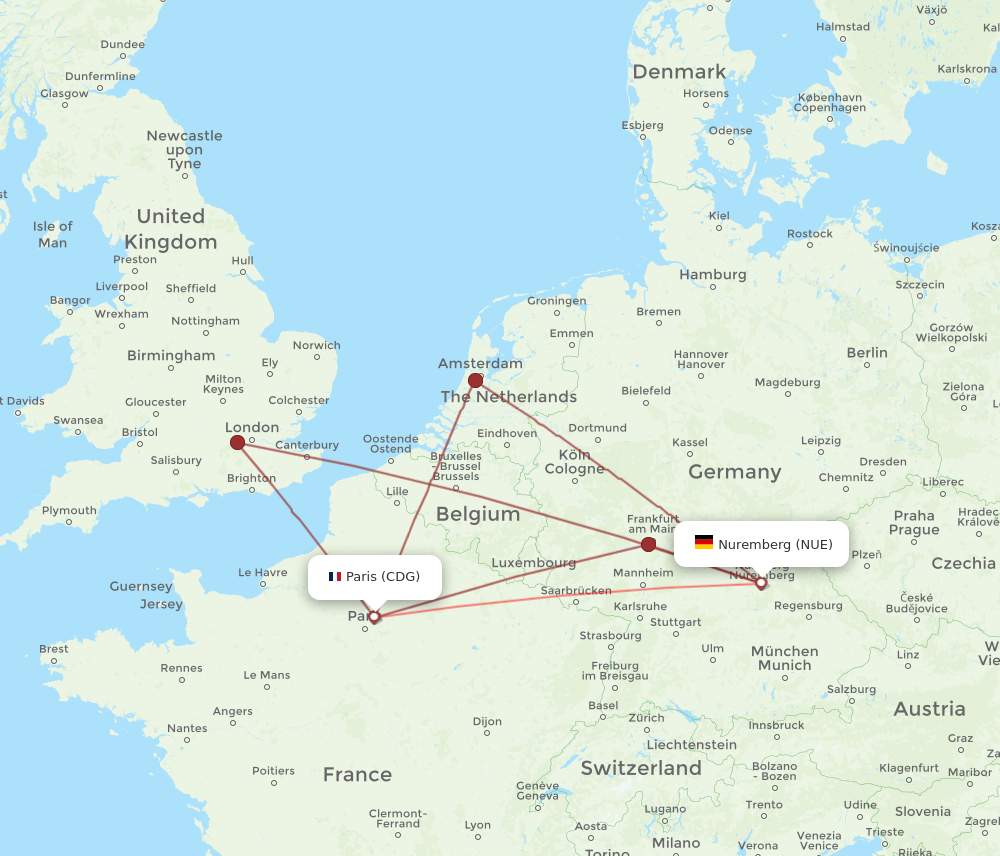 NUE to CDG flights and routes map