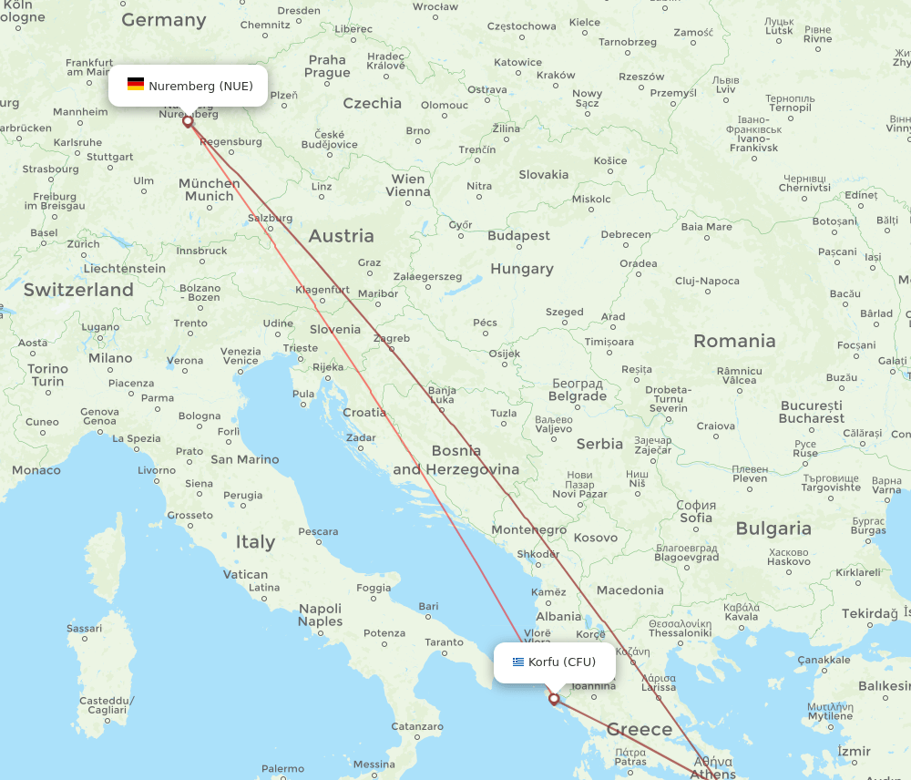 NUE to CFU flights and routes map