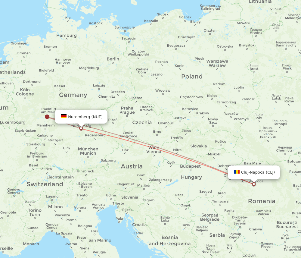 Nuremberg - Cluj-Napoca route map and flight paths