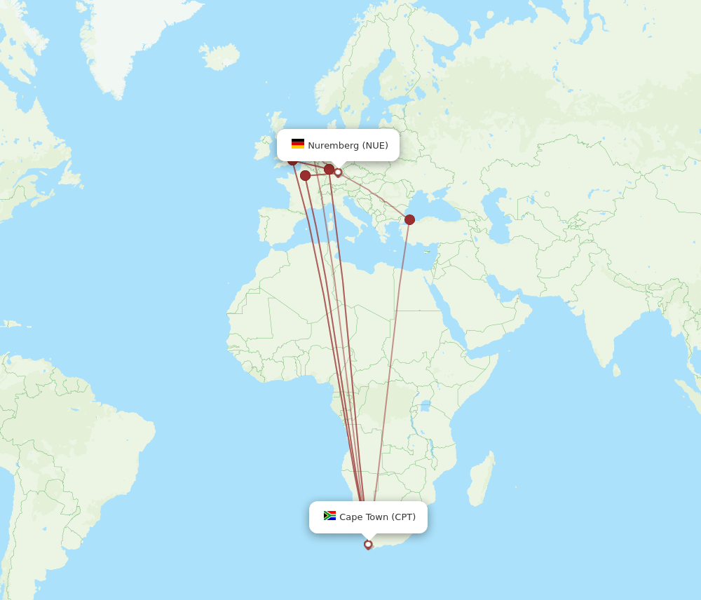NUE to CPT flights and routes map