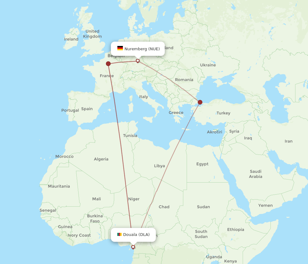 NUE-DLA flight routes