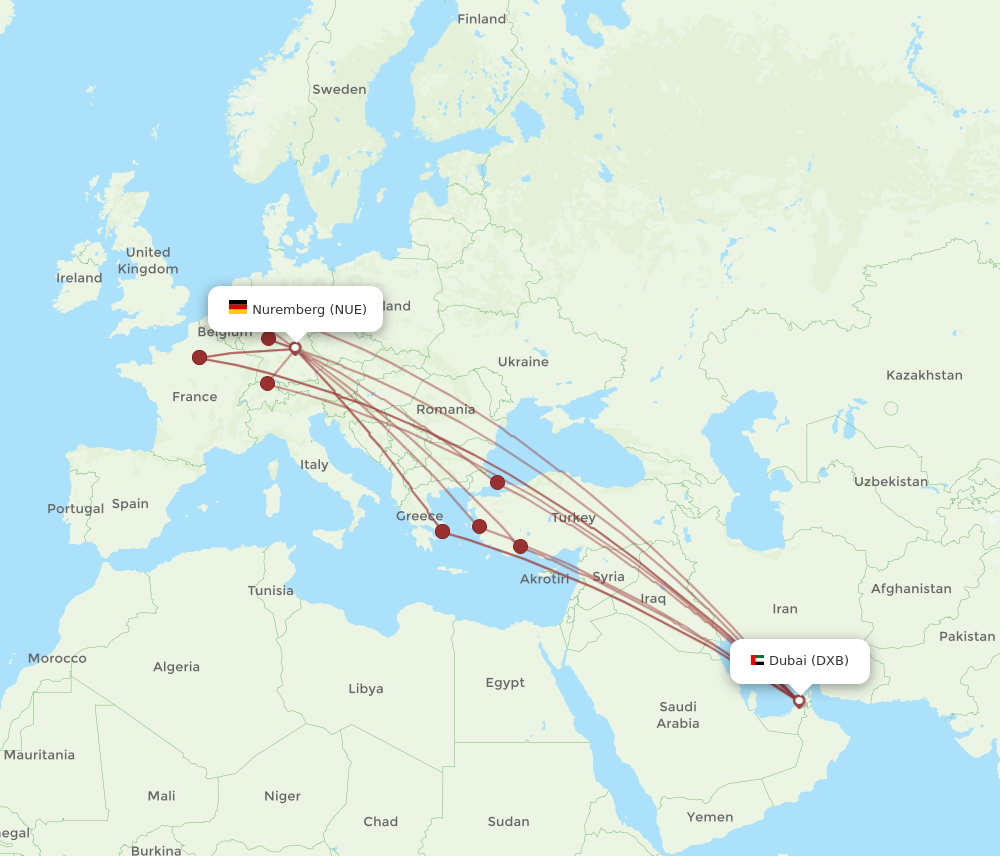 NUE to DXB flights and routes map