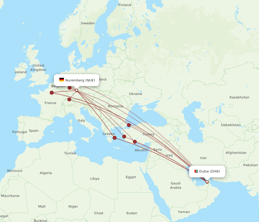 NUE to DXB flights and routes map