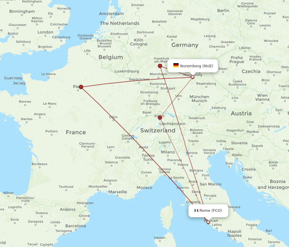 NUE to FCO flights and routes map