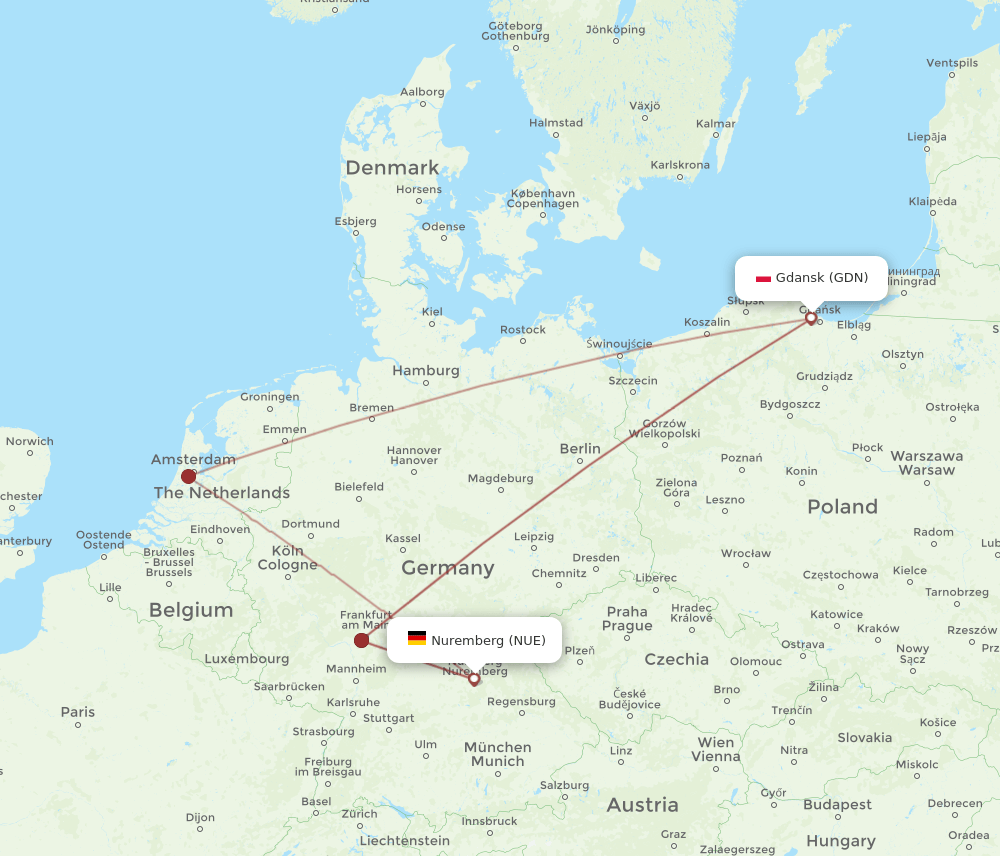 NUE to GDN flights and routes map