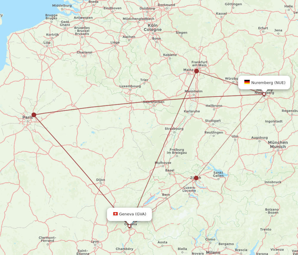 NUE to GVA flights and routes map