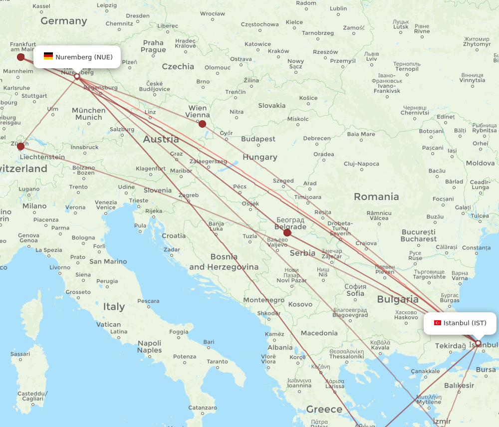 NUE to IST flights and routes map
