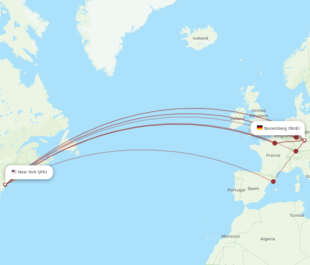 NUE to JFK flights and routes map