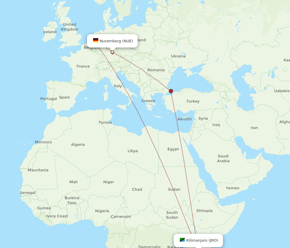 Kilimanjaro - Nuremberg route map and flight paths