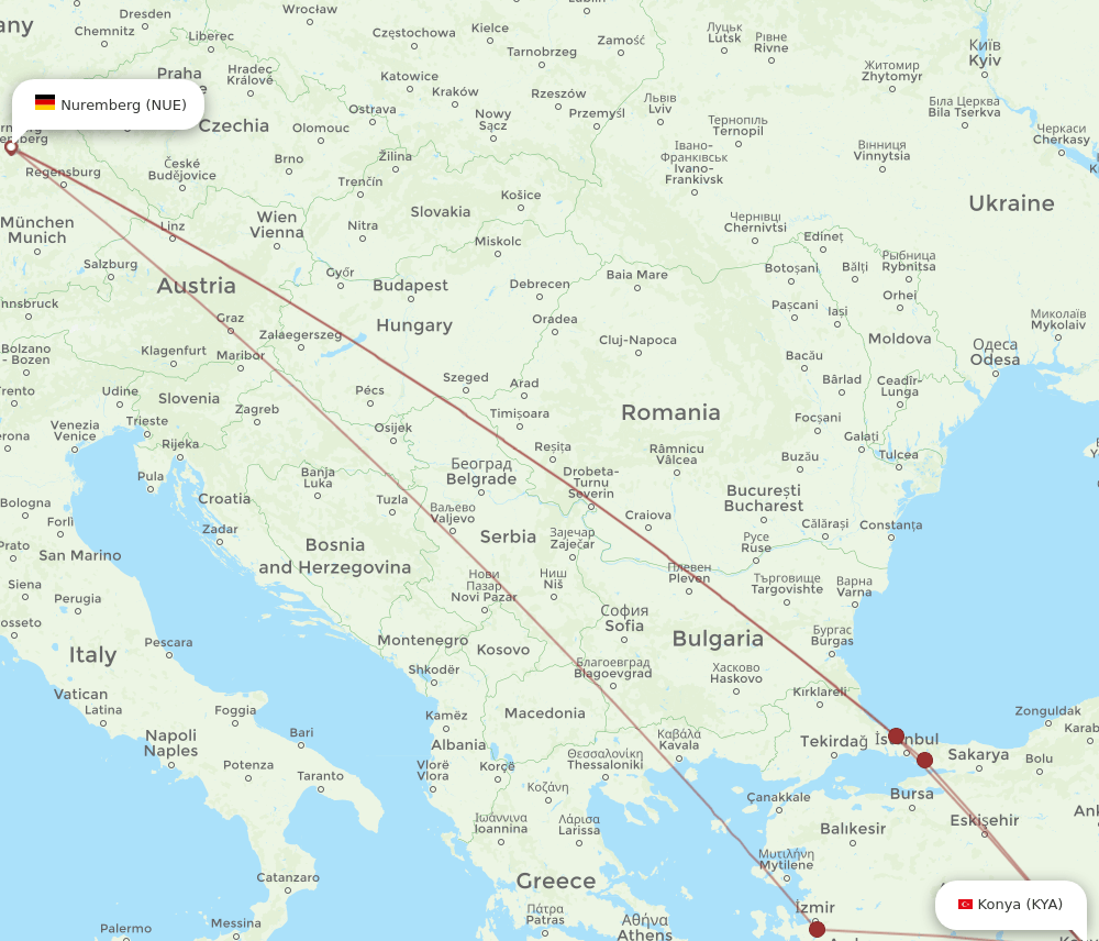 NUE to KYA flights and routes map