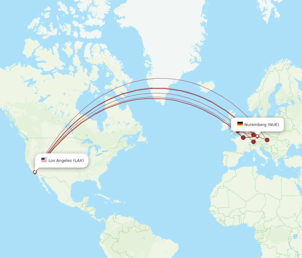 NUE to LAX flights and routes map