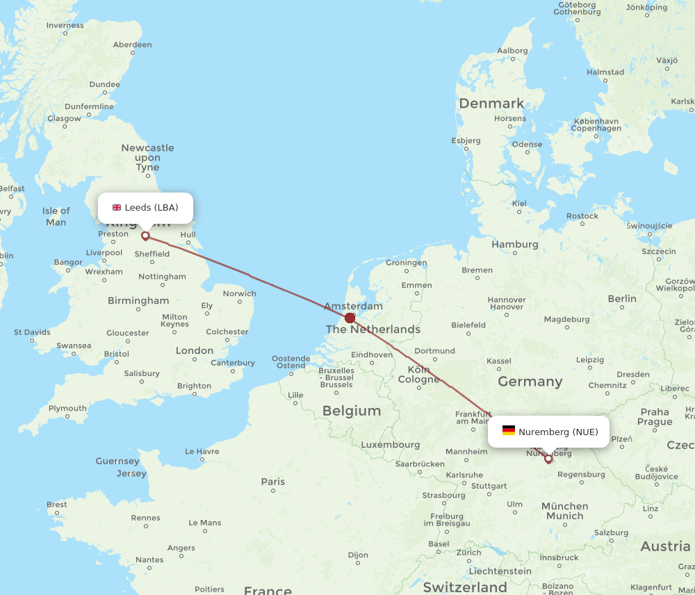 NUE to LBA flights and routes map