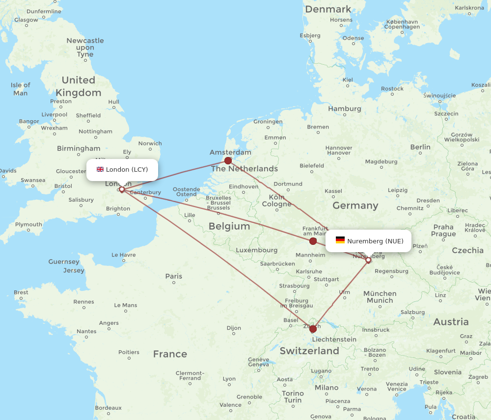 NUE to LCY flights and routes map