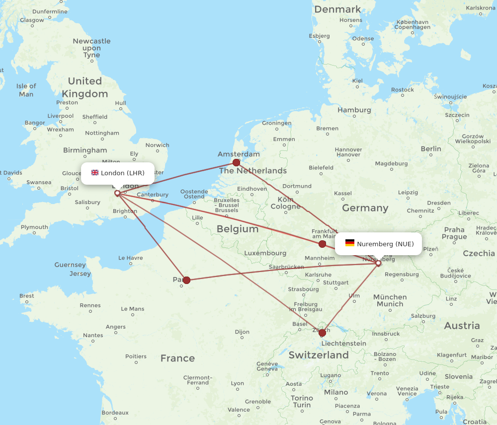 NUE to LHR flights and routes map