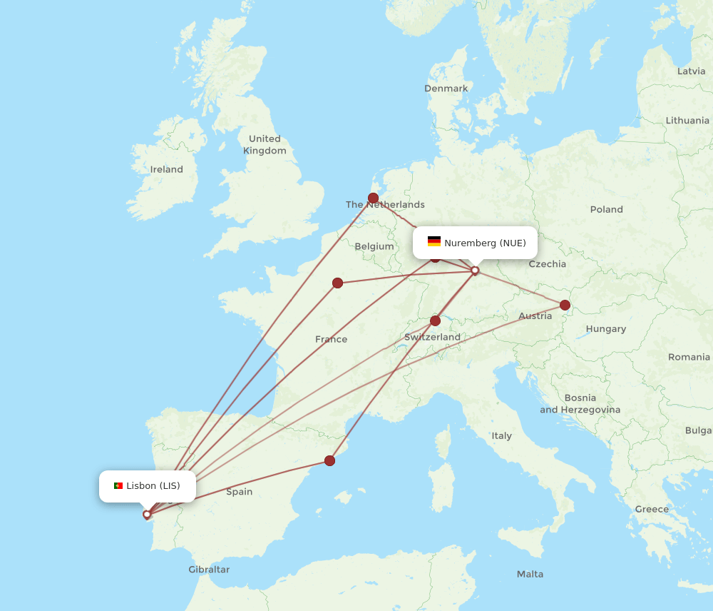 NUE-LIS flight routes