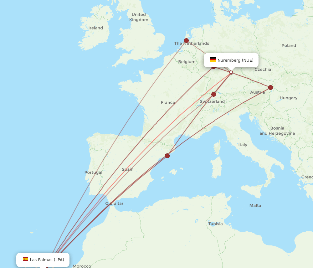 NUE to LPA flights and routes map