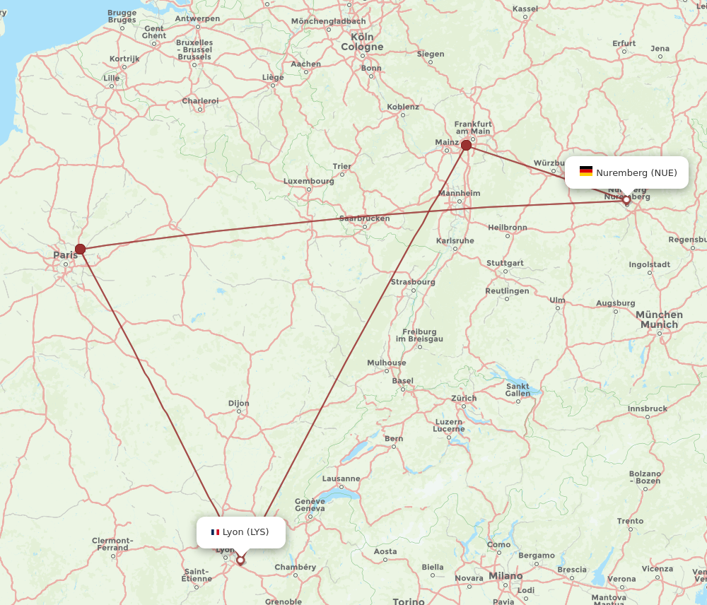 NUE to LYS flights and routes map