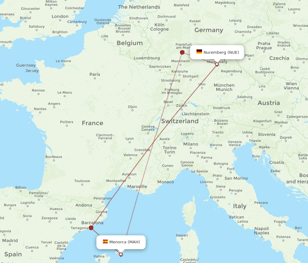 NUE-MAH flight routes