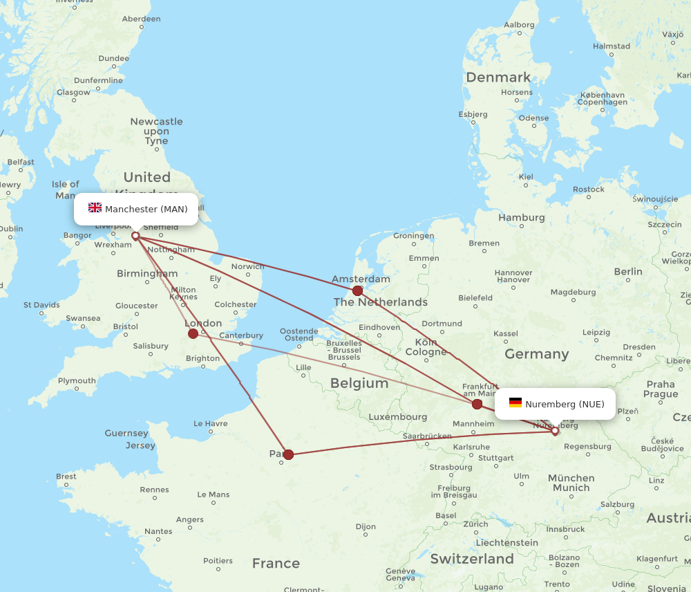 NUE to MAN flights and routes map