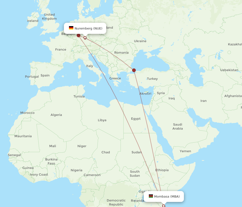 NUE-MBA flight routes