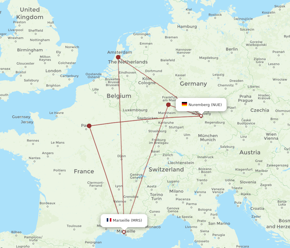 NUE to MRS flights and routes map
