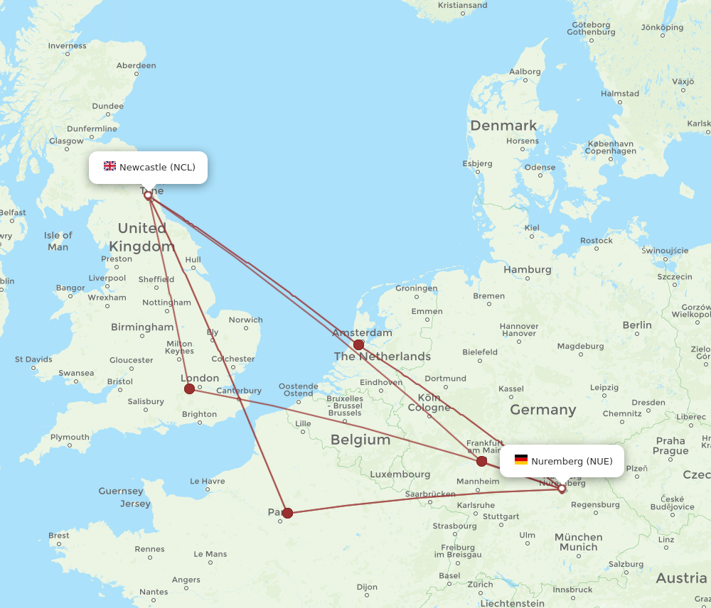 NUE to NCL flights and routes map