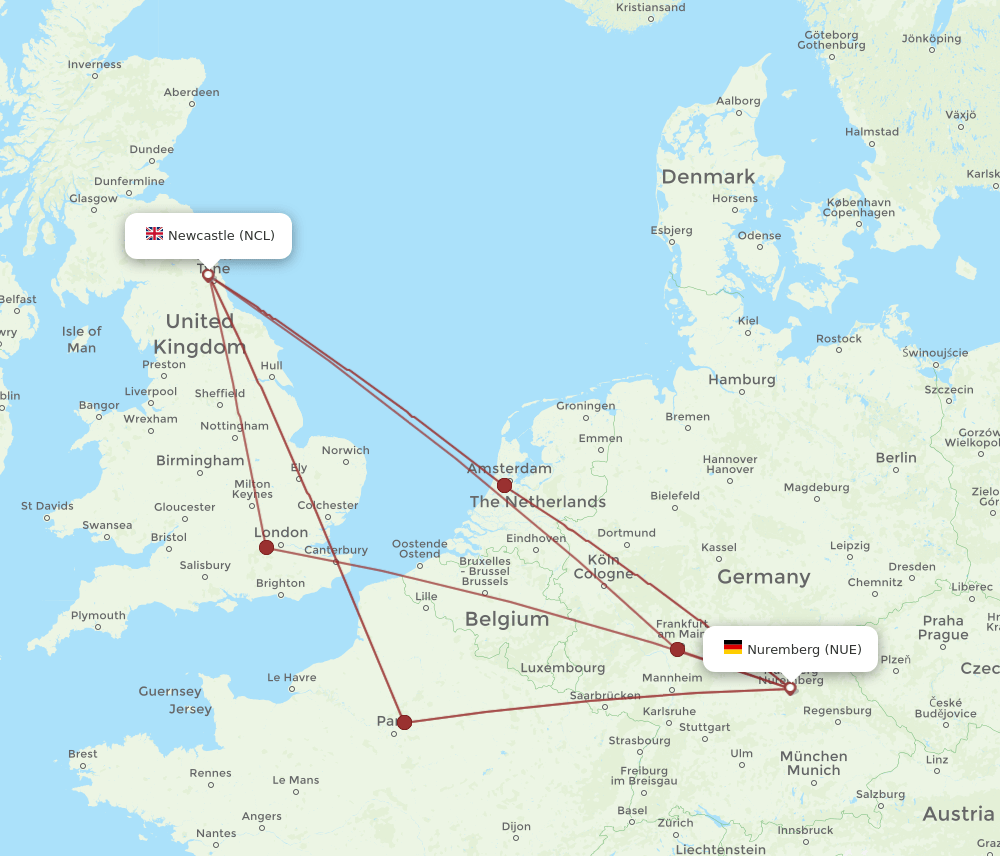 NUE-NCL flight routes