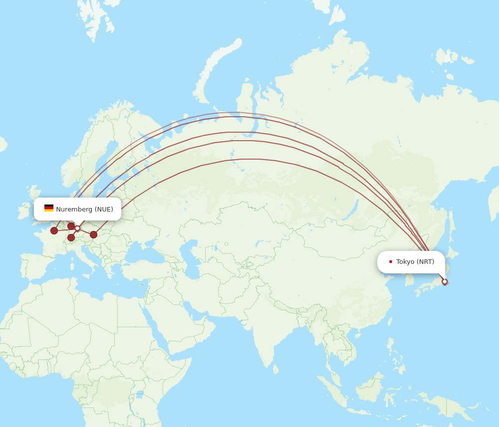 NUE to NRT flights and routes map