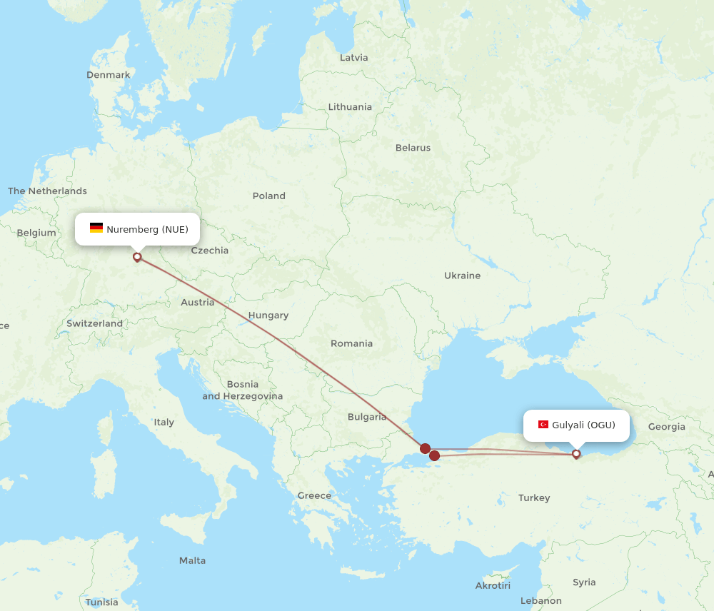NUE to OGU flights and routes map