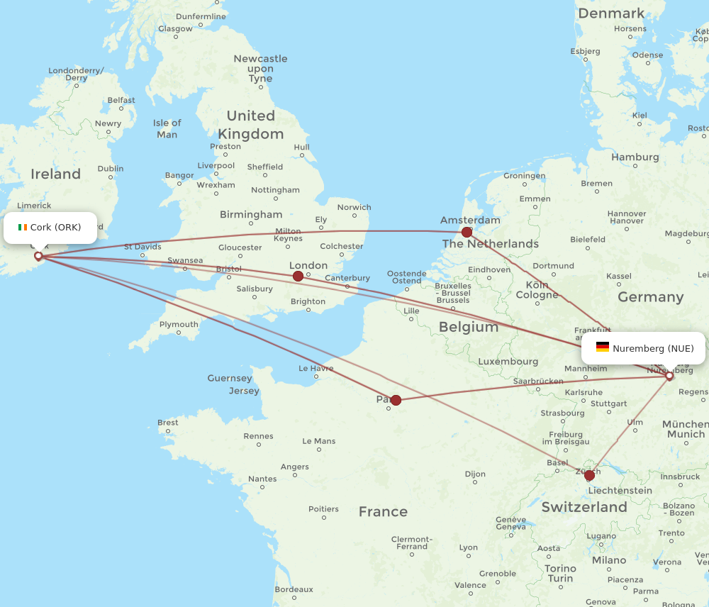 NUE to ORK flights and routes map