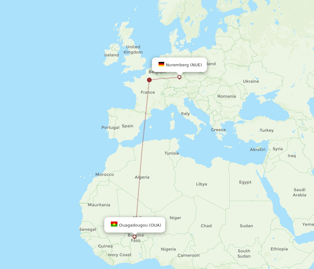 NUE to OUA flights and routes map