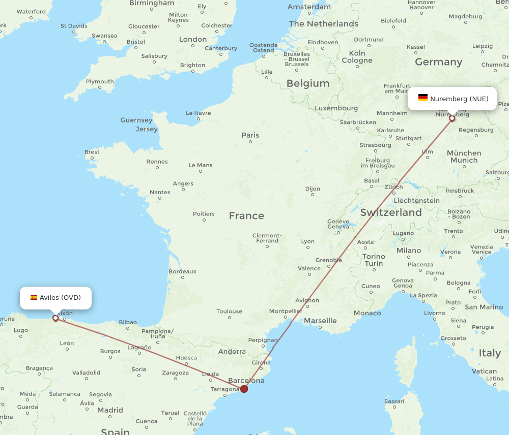 NUE-OVD flight routes