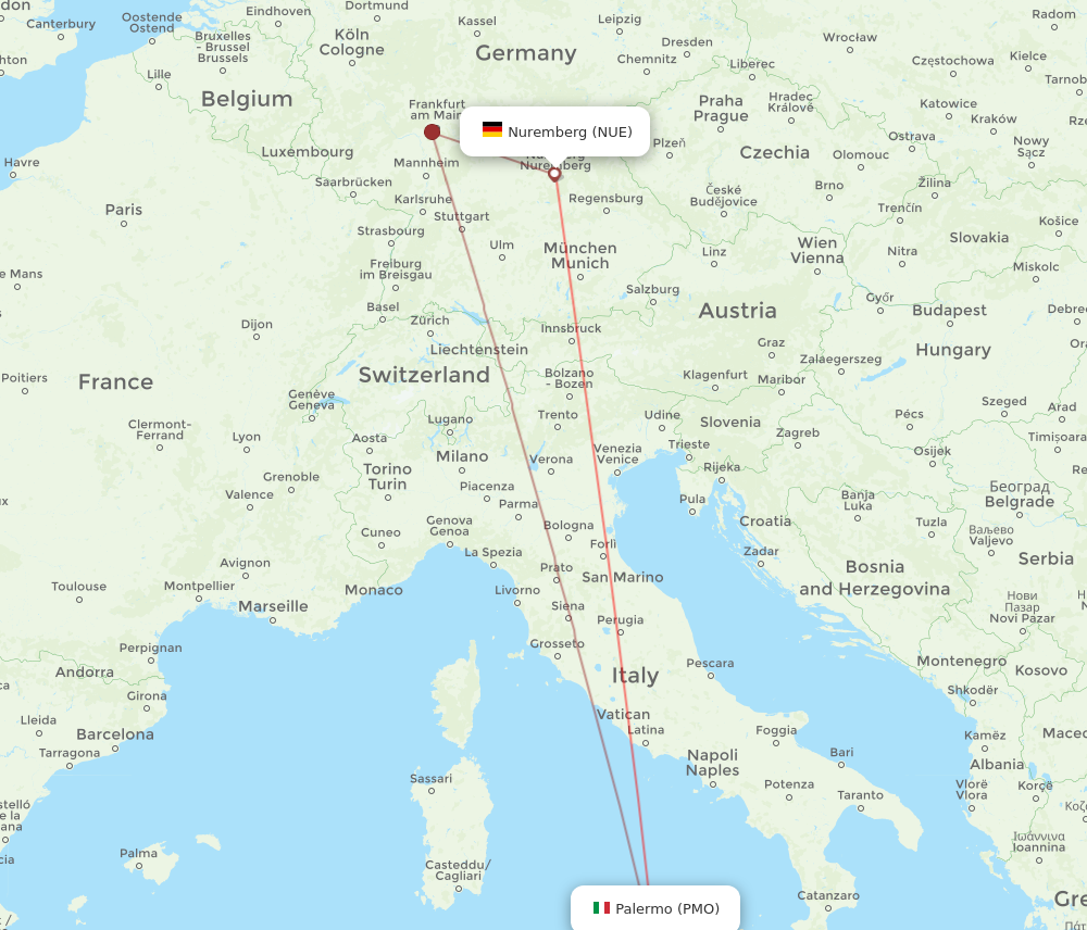 NUE to PMO flights and routes map