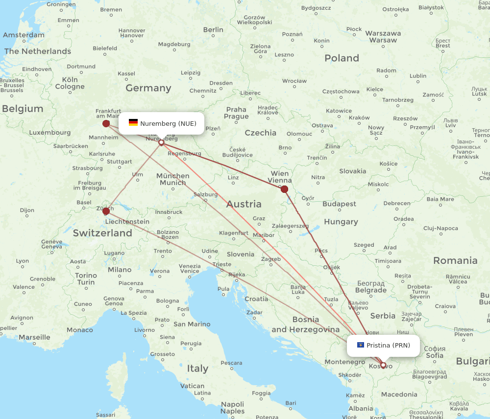 NUE-PRN flight routes
