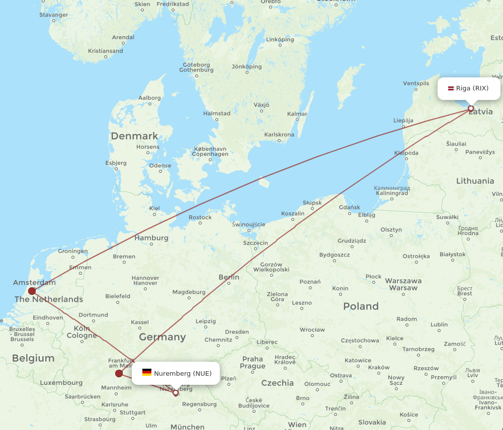 NUE to RIX flights and routes map