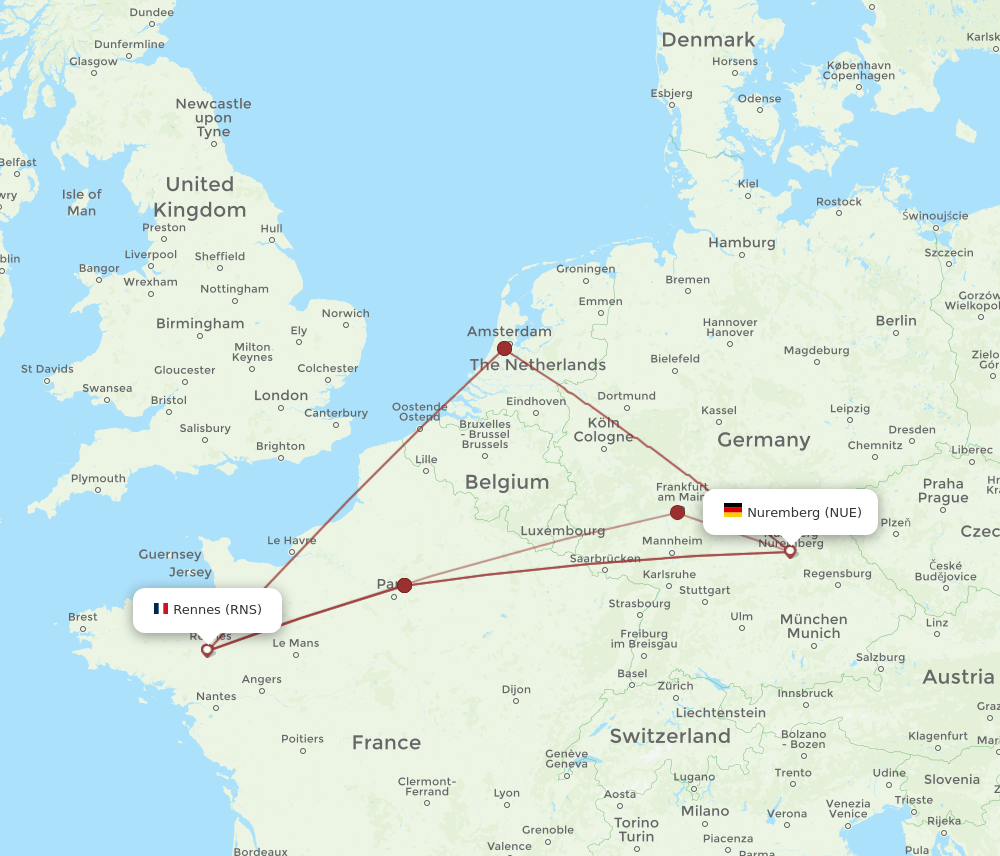 NUE to RNS flights and routes map