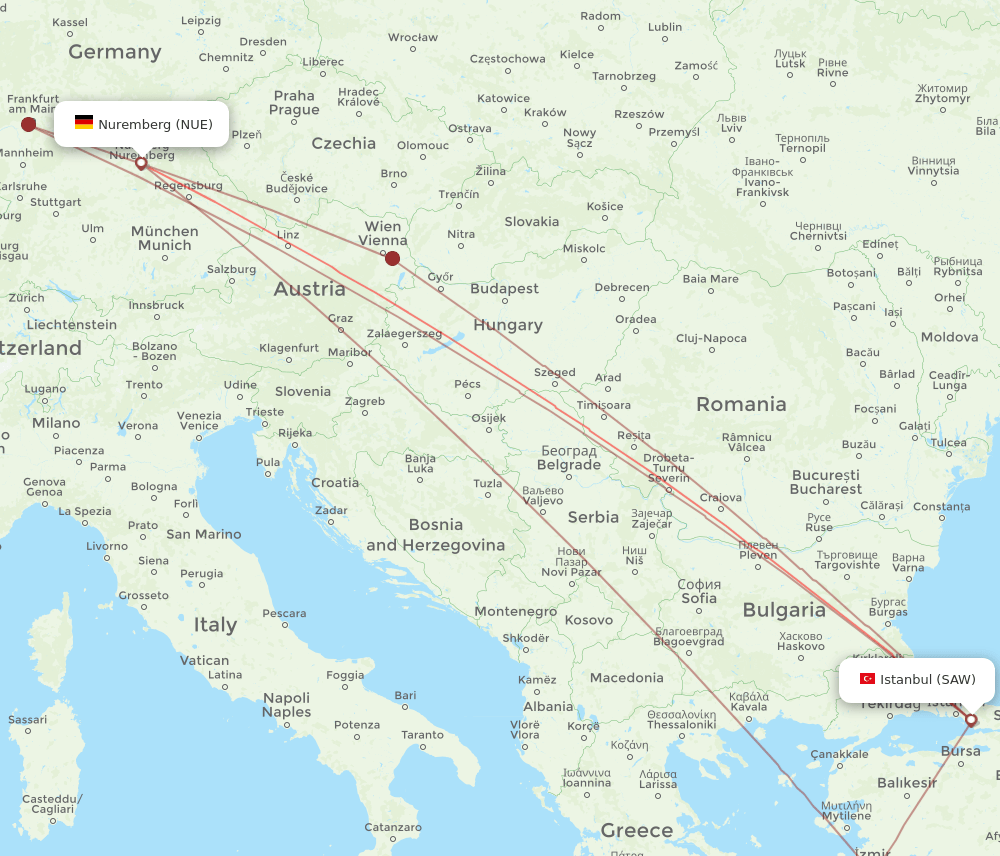 Nuremberg - Istanbul route map and flight paths