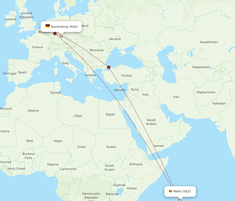 NUE to SEZ flights and routes map