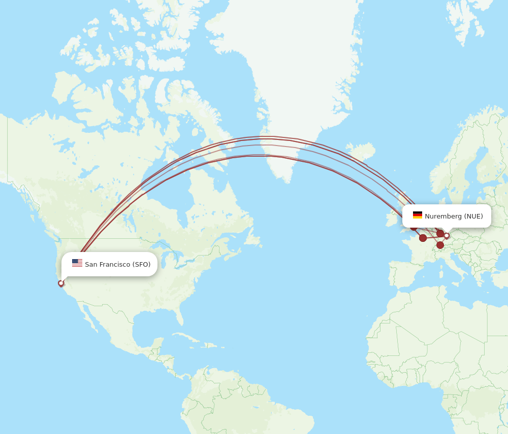 NUE-SFO flight routes