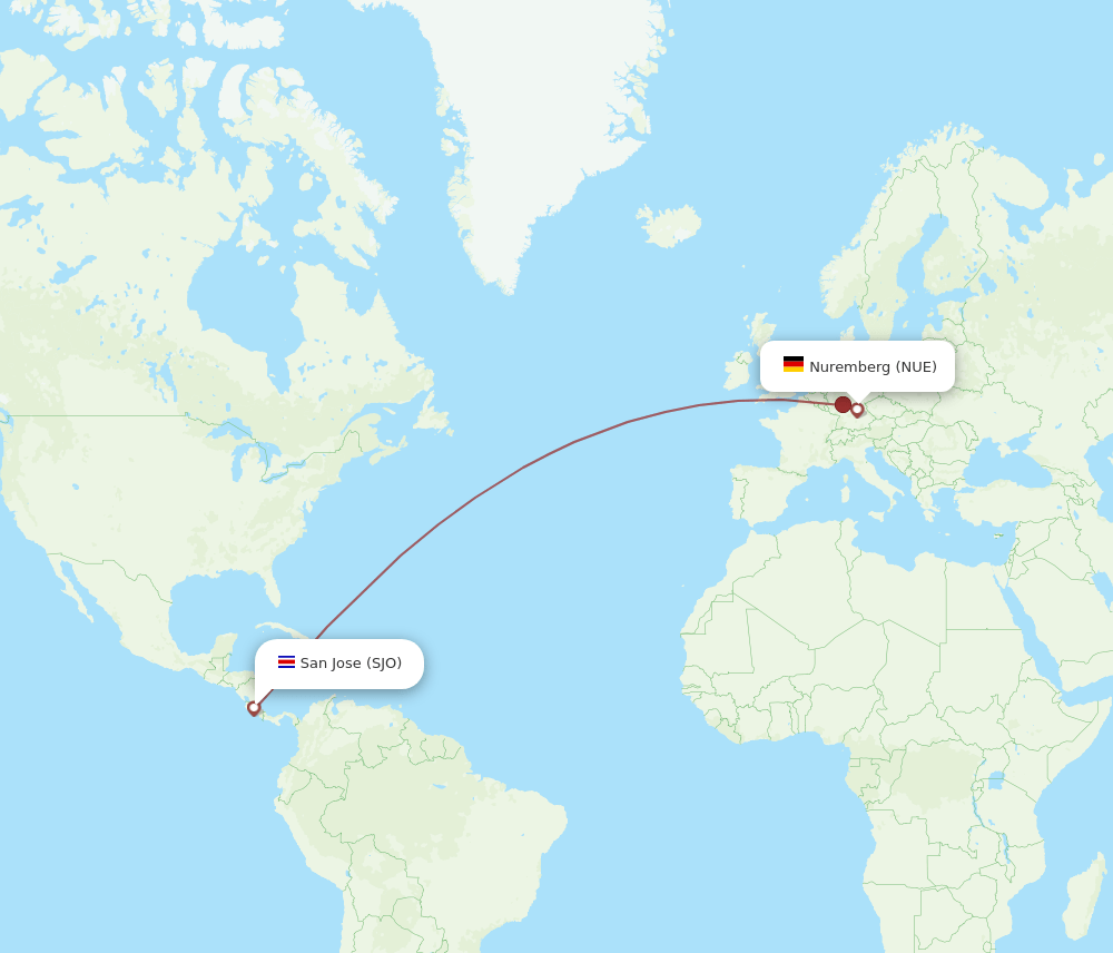 NUE to SJO flights and routes map