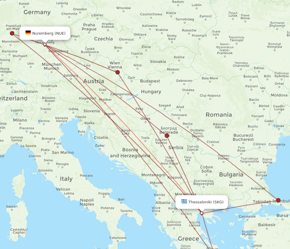 NUE to SKG flights and routes map