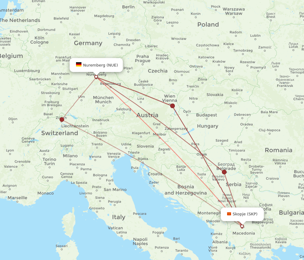 NUE to SKP flights and routes map