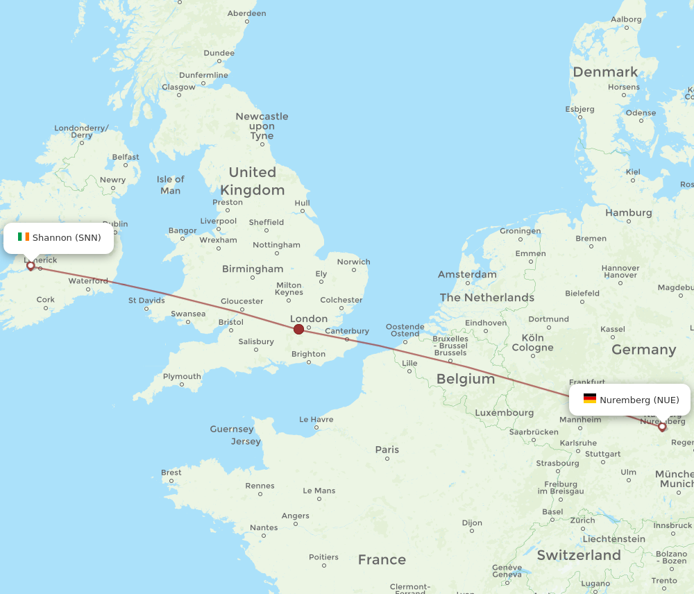 NUE to SNN flights and routes map