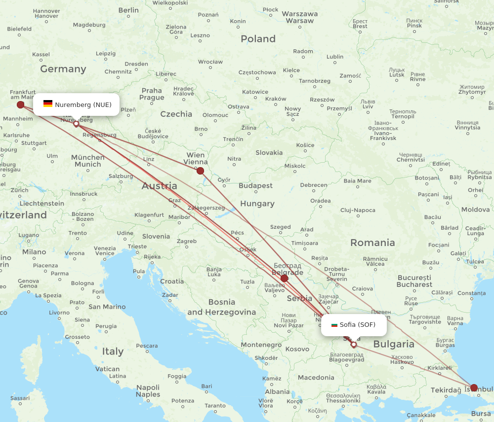 NUE to SOF flights and routes map