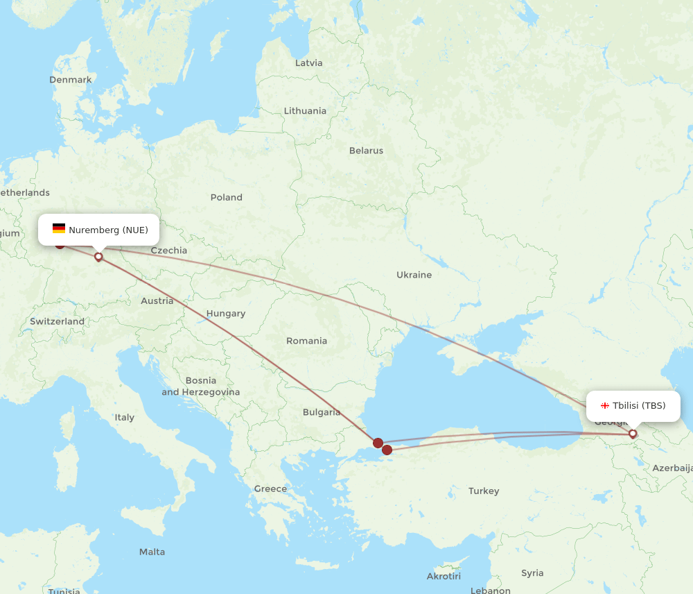 NUE to TBS flights and routes map