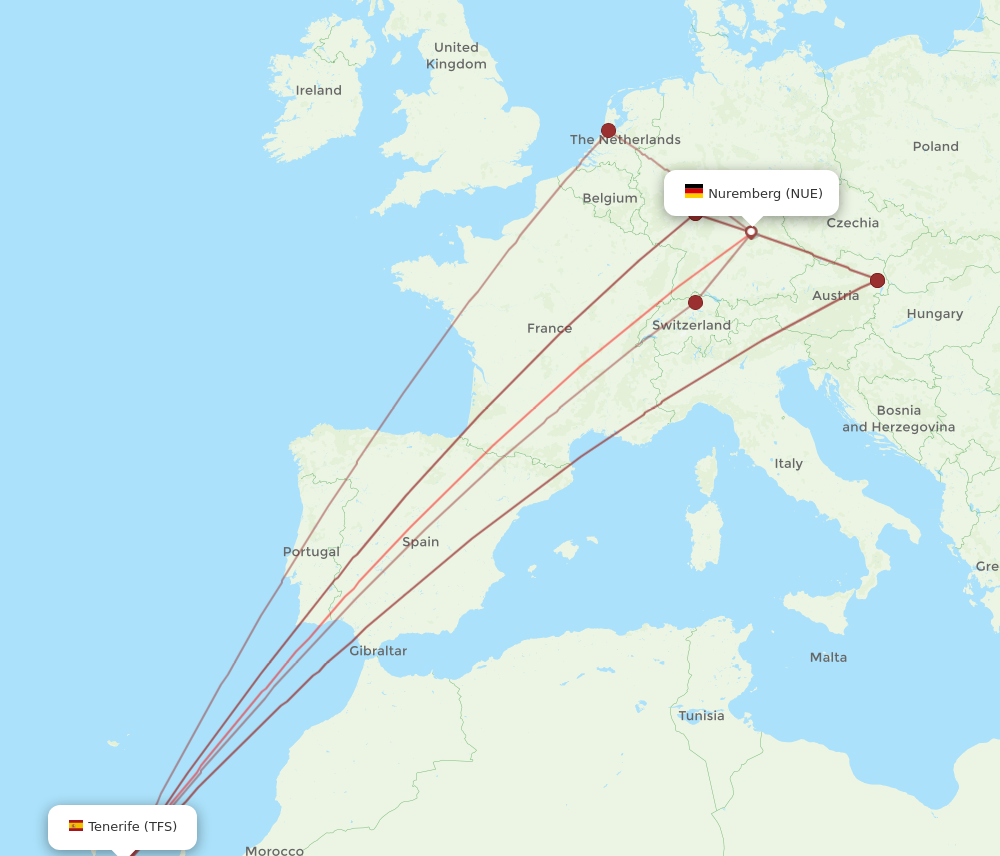 NUE to TFS flights and routes map