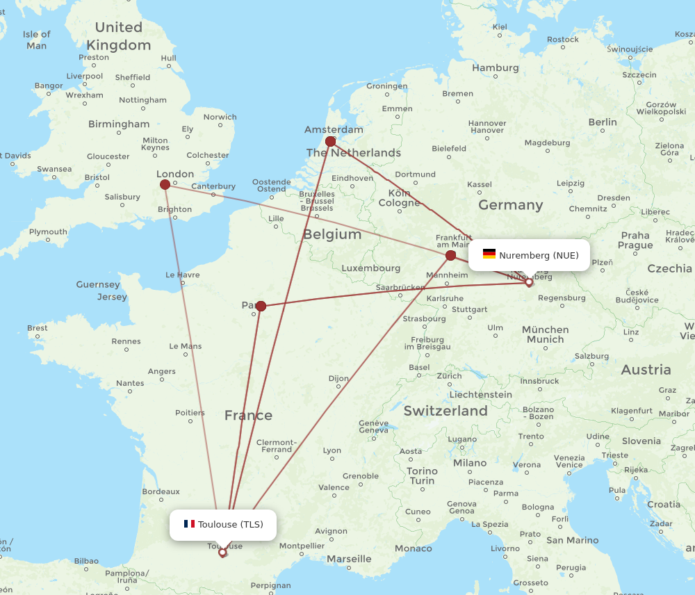 NUE to TLS flights and routes map