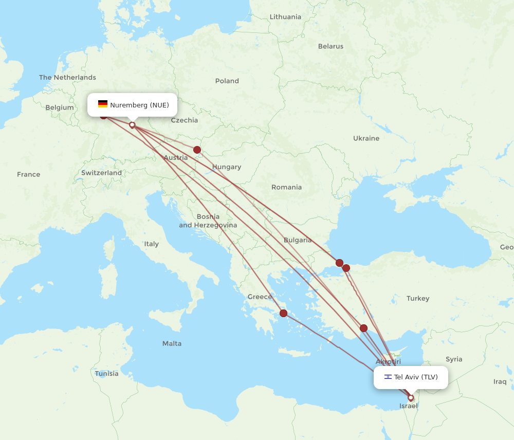 NUE to TLV flights and routes map