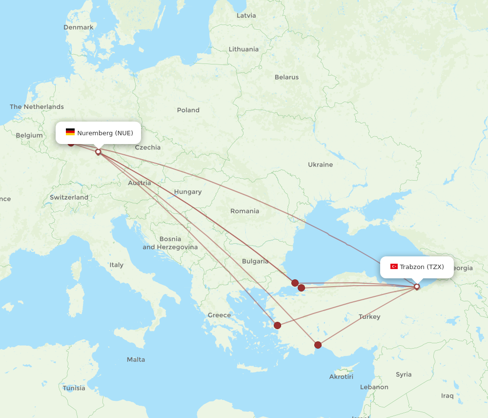 NUE to TZX flights and routes map